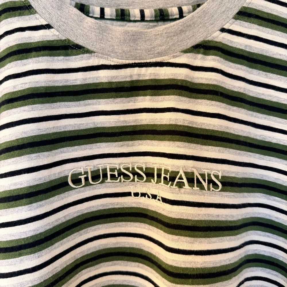 Vintage Guess Men's Multi-Stripe Tee - Black, White, Green - Picture 2 of 4
